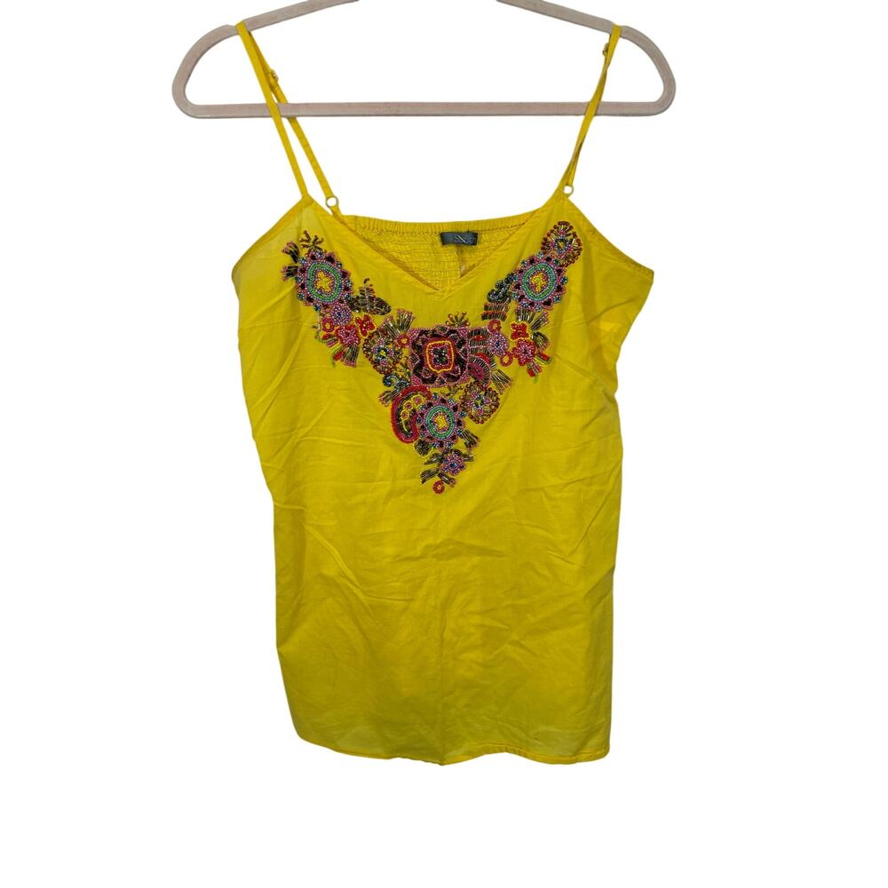 Yellow Beaded Embroidered Cotton Tank Top Spaghetti Strap Boho Smocked Back L